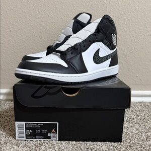 Nike Air Jordan 1 Mid SE Black White with Dark Green Swoosh